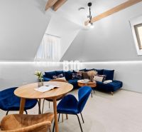 Helles Wohnzimmer in einer Zweizimmerwohnung mit blauem Sofa und Holztisch.