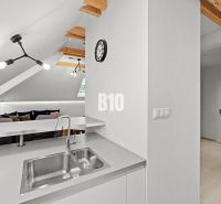 Dachgeschossküche und Wohnzimmer mit Holzelementen in einer Zweizimmerwohnung.