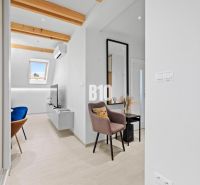 Innenraum einer 2-Zimmer-Wohnung mit Holzboden, Dachfenstern und dekorativen Balken.