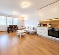 Wohnbereich mit Küche und Holzboden in einer Zweizimmerwohnung.