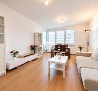 Wohnzimmer in einer 2-Zimmer-Wohnung mit Holzdekorboden und hellen Möbeln.