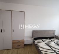 Schlafzimmer in einer 2-Zimmer-Wohnung mit Bett, Nachttischen und Kleiderschrank auf einem Boden mit Holzdekor.