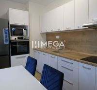 Moderne Küche mit weißen Möbeln und Holzboden in einer 2-Zimmer-Wohnung.