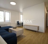 Wohnzimmer mit Sofa, Couchtisch und Holzboden in einer Zweizimmerwohnung.