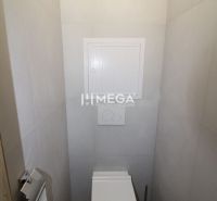 Toilette in einer 2-Zimmer-Wohnung mit Holzboden und hellen Wänden.