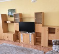 Wohnzimmer in einer 3-Zimmer-Wohnung mit Holzboden, helle Möbel, Fernseher.