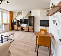 Helles Wohnzimmer mit bunten Details und Holzboden in einer 2-Zimmer-Wohnung.