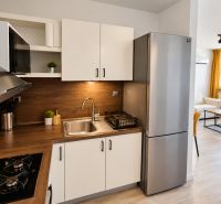 Eine Küche mit Holzboden und Edelstahlgeräten in einer Zweizimmerwohnung.