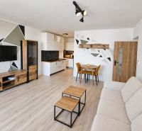 Wohnzimmer mit Küchenzeile und Holzboden in einer 2-Zimmer-Wohnung.