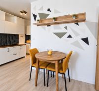 Küchenecke in einer 2-Zimmer-Wohnung mit einem Holzboden und einer Wand mit geometrischem Design.