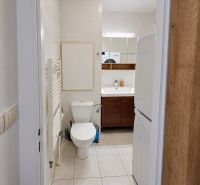 Badezimmer mit Waschbecken, Toilette und Waschmaschine in einer 2-Zimmer-Wohnung.