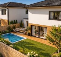 Einfamilienhäuser in Vinohrady in Senica haben einen Pool und eine Terrasse mit privatem Garten.