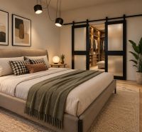 Schlafzimmer im Einfamilienhaus mit Glastüren und Boden in Holzoptik.