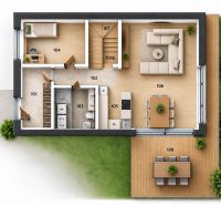 Grundriss eines Einfamilienhauses mit Holzboden, Terrasse und Garten.