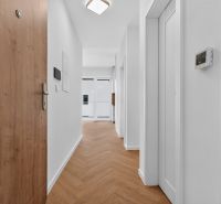 Der Flur in einer 3-Zimmer-Wohnung mit Türen und einem Boden in Holzoptik.