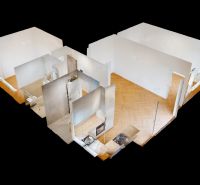3D-Modell einer 3-Zimmer-Wohnung mit Holzboden und geräumigen Zimmern.