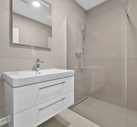 Badezimmer in einer 3-Zimmer-Wohnung mit Waschbecken, Spiegel und Duschkabine.