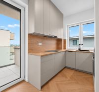Küche in einer 3-Zimmer-Wohnung mit Holzbodenoptik, Blick auf den Balkon.