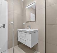 Badezimmer in einer 3-Zimmer-Wohnung mit Waschbecken, Spiegel und Dusche.