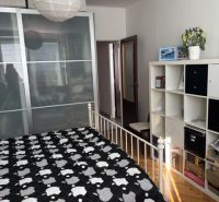 Schlafzimmer in einer 2-Zimmer-Wohnung mit Stauraum, Bett und Bodenbelag in Holzoptik.