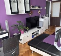 Wohnzimmer in einer Zweizimmerwohnung mit Sofa und Möbeln, Boden mit Holzdekor.