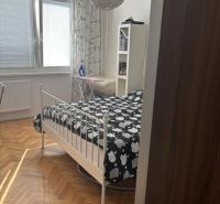 Schlafzimmer in einer 2-Zimmer-Wohnung mit einem Bett und einem Boden in Holzoptik.