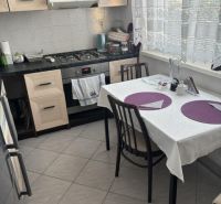 Küche in einer 2-Zimmer-Wohnung mit Esstisch und Küchenzeile.