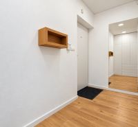 Eingangsflur in einer 3-Zimmer-Wohnung mit Holzboden, weißen Wänden und einem Spiegel.