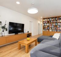 Wohnzimmer in einer 3-Zimmer-Wohnung mit Sofa, Fernseher, Bücherregal und Boden in Holzoptik.
