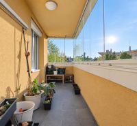 Eine verglaste Loggia mit Blumenkästen und Blick ins Grüne in einer 3-Zimmer-Wohnung.