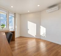 Ein Zimmer in einer 3-Zimmer-Wohnung mit einem Schreibtisch, Holzboden, Klimaanlage.