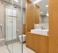 Badezimmer in einer 3-Zimmer-Wohnung mit Holzelementen und Duschkabine.