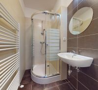 Badezimmer in einem Studio-Apartment mit moderner Duschkabine und Spiegel.