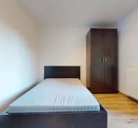 Einzimmerwohnung mit Bett, Kleiderschrank, Heizkörper und Boden mit Holzdekor.