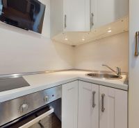 Kompakte Küchenzeile in einem Studio-Apartment mit weißen Schränken und einem Edelstahlspülbecken.
