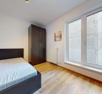 Einzimmerwohnung mit Bett, Schrank, großem Fenster und Holzboden.