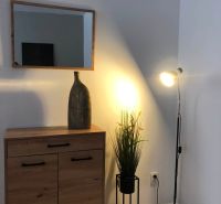 Spiegel, Schrank mit Holzboden und Lampe schaffen eine Atmosphäre in einer 2-Zimmer-Wohnung.