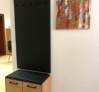 Kommode und Kleiderständer mit schwarzem Paneel im Flur einer Zweizimmerwohnung.