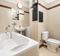 Badezimmer in einer Einzimmerwohnung mit Badewanne, Waschbecken und WC, gefliest mit hellen Fliesen.