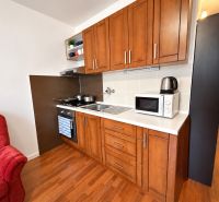Küche in einer Einzimmerwohnung mit Holzboden und Geräten.