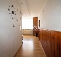 Der Flur in einer 3-Zimmer-Wohnung mit einem Boden in Holzoptik und einer Wanduhr.