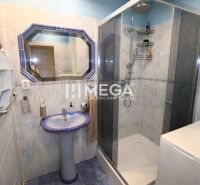 Badezimmer in einer 3-Zimmer-Wohnung mit blauem Waschbecken, Dusche und Waschmaschine.