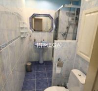 Badezimmer in einer 3-Zimmer-Wohnung mit blauen Fliesen, Dusche und Spiegel.
