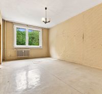 Ein Zimmer mit Tapeten, einem Heizkörper und einem Holzboden-Dekor. Eine 2-Zimmer-Wohnung.