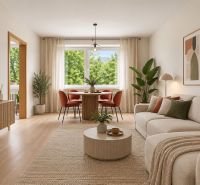 Wohnzimmer in einer Zweizimmerwohnung mit Sofa, Tisch und großem Fenster mit Aussicht.