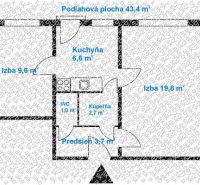 Grundriss einer 2-Zimmer-Wohnung mit Küche, Badezimmer und Flur, Wohnfläche 43,4 m².
