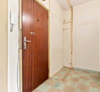 Eingangsflur in einer 2-Zimmer-Wohnung mit Holztüren und Fliesenboden.