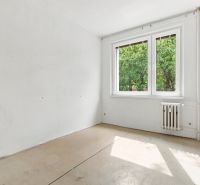 Leerer Raum in einer 2-Zimmer-Wohnung mit großem Fenster und Heizkörper, hellen Wänden.