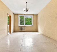 Zimmer in einer 2-Zimmer-Wohnung, beigefarbene Tapeten, großes Fenster, Heizkörper.
