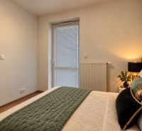 Schlafzimmer in einer 2-Zimmer-Wohnung mit grüner Decke und Holzboden.